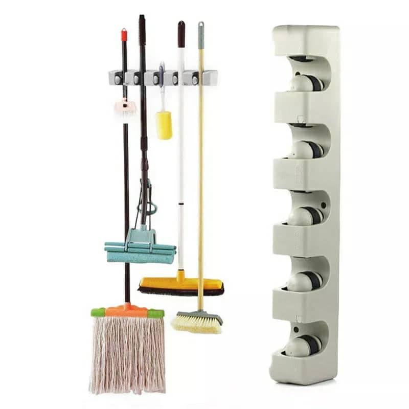Porte-balai mural à 5 positions et 6 crochets, cintre de rangement pour étagère de cuisine — صورة 6