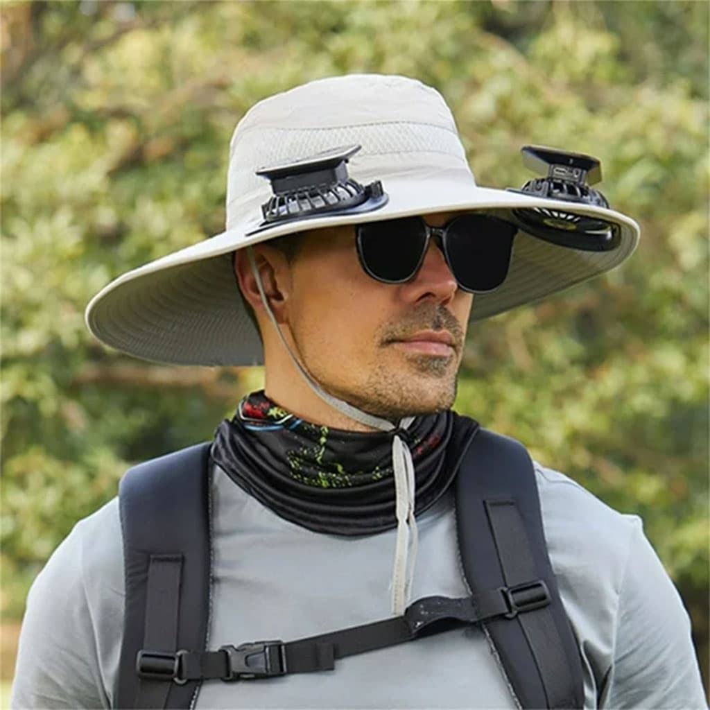 Chapeau de soleil à large bord avec double ventilateur – قبعة للحماية من الشمس مع مروحات — صورة 3