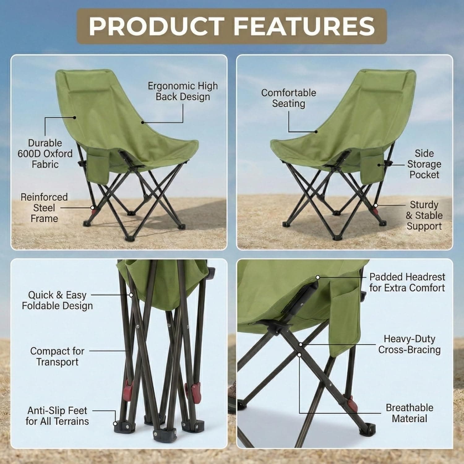 Chaise de Camping Pliante avec Dossier Réglable - كرسي تخييم بظهر عالي مريح قابل لتمديد - Vacance & Loisir - صورة 8