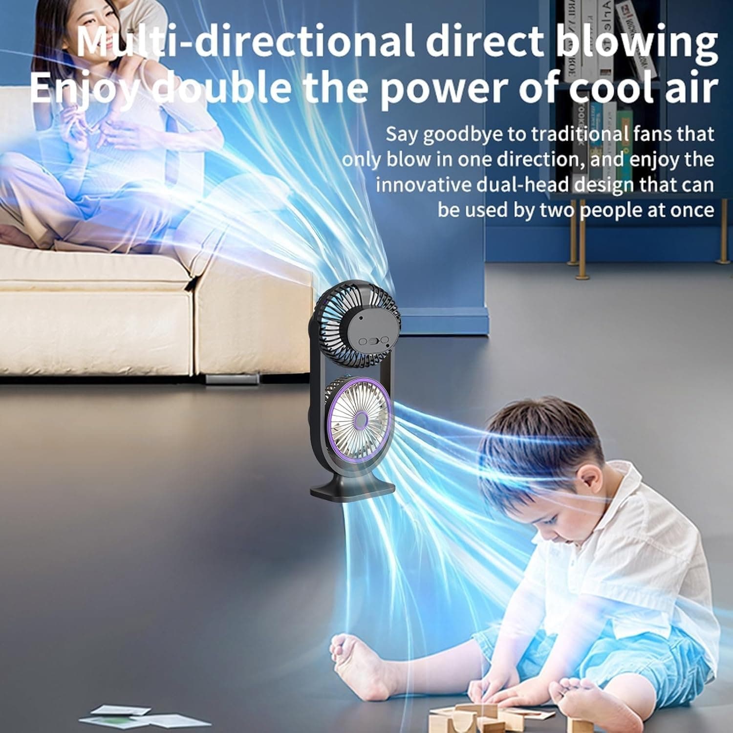Ventilateur de Bureau Double Tête Rechargeable USB - مروحة المكتب المكتبية المزدوجة بـ 3 سرعات - Camping et Randonnée - صورة 5