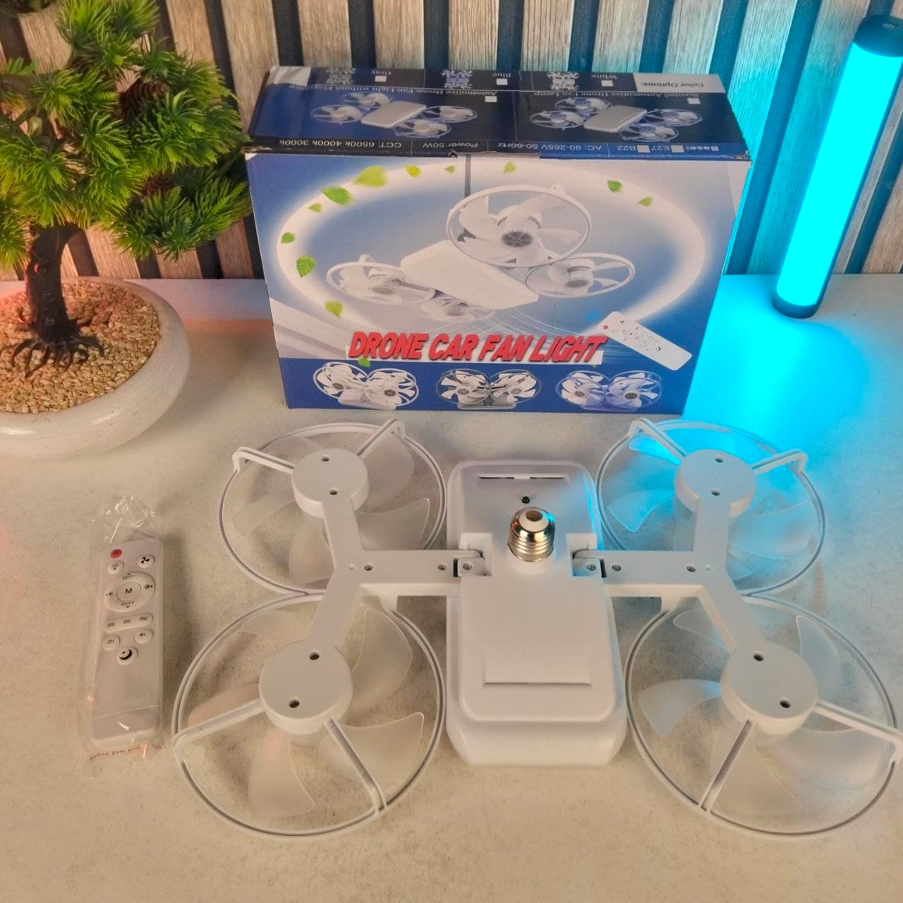 Ventilateur de Plafond Lumineux Design Drone E27 avec Télécommande - مروحة إضاءة ذكية بتصميم طائرة درون مع يد تحكم - Maison - صورة حقيقية 13