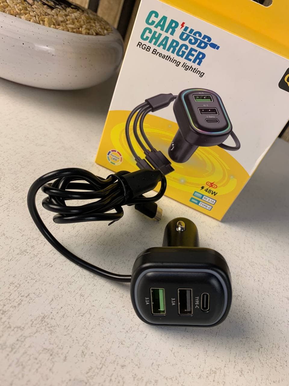 شاحن سيارة 3 منافذ | Chargeur 3 Ports Câble 3 en 1 | Lightning Type-C Micro USB — صورة حقيقية 9