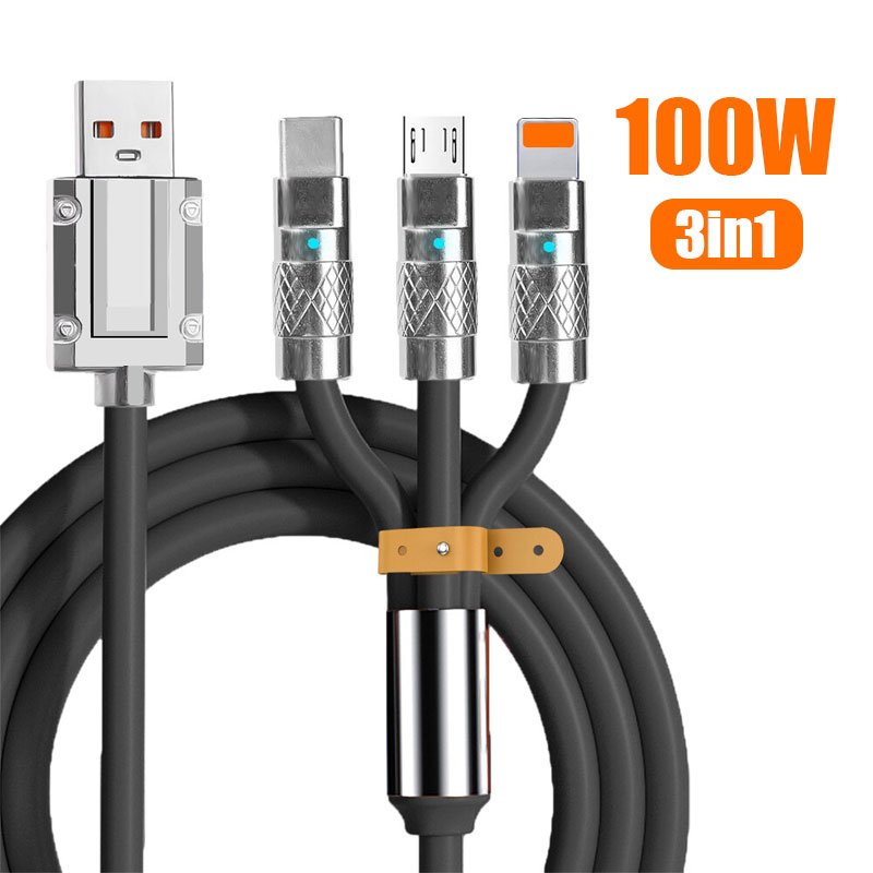 100W-3in1-cnc-1.jpg Câble de charge Rapide 3en1 Câble USB de 1.2 m avec 3 connecteurs 100W – كابل شحن سريع - الصورة 1