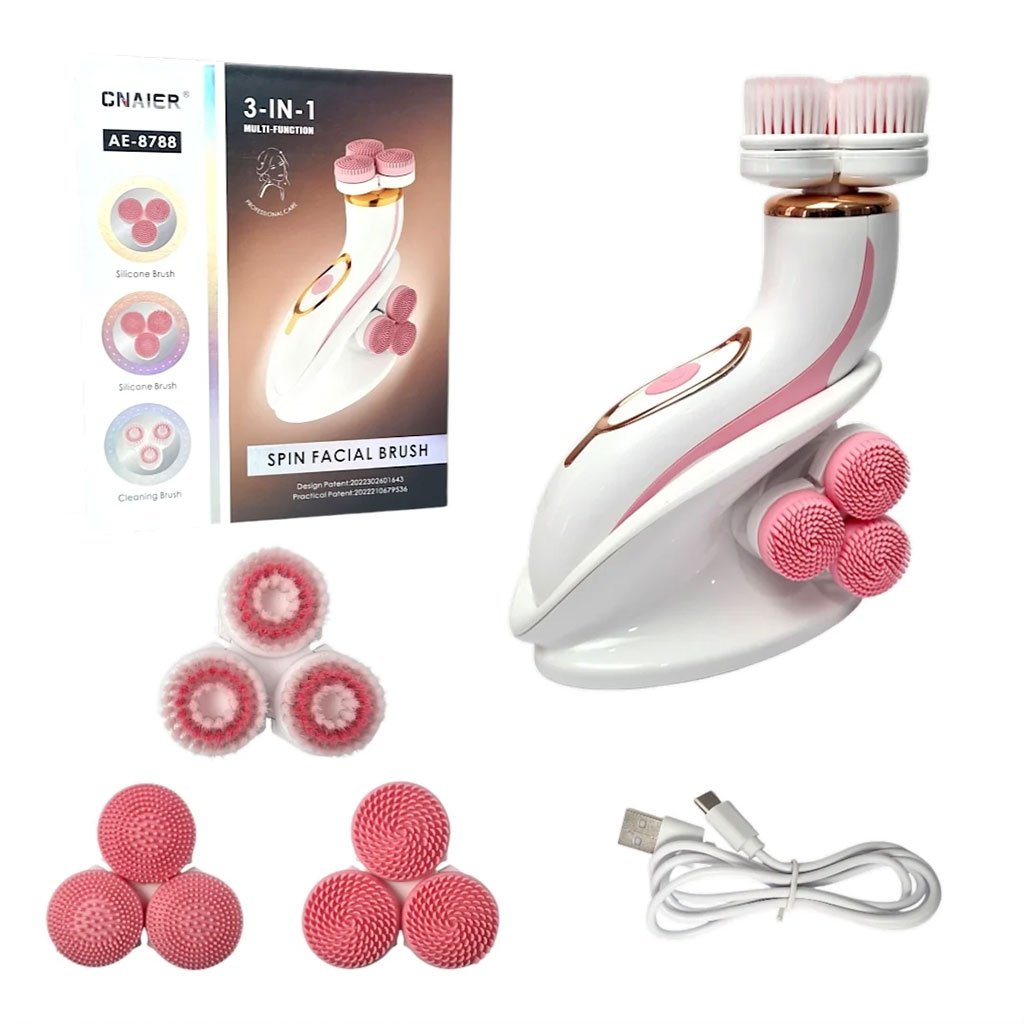 CNaier-3en1-cnc-1.jpg Brosse Nettoyante Électrique Cnaier AE-8788 3 Têtes Rotatives Recharge USB – جهاز تنظيف البشرة بعمق - الصورة 1