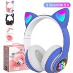 Casque stéréo Bluetooth sans fil oreilles de chat électroluminescents avec support carte TF
