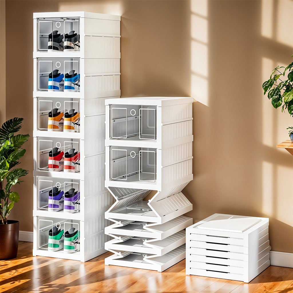 Etagere-PL-cnc-1.jpg Étagère à chaussures pliable transparente à 6 niveaux facile à ranger – منظم أحذية قابل للطي وسهل التركيب - الصورة 1