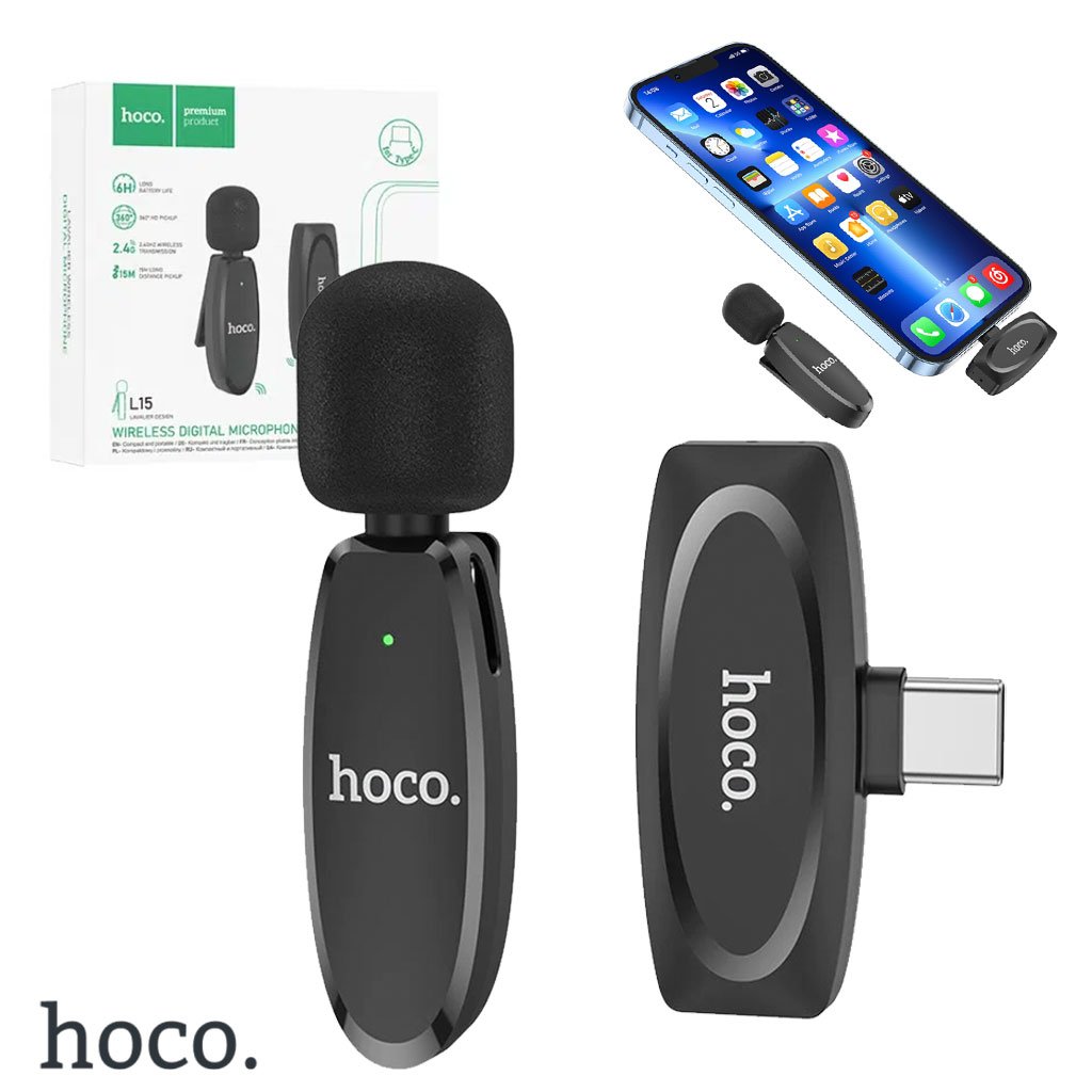 Hoco-L15-CNC.jpg Hoco L15 Microphone Cravate Sans fil Type-C – ميكروفون لاسلكي أصلي - الصورة 1