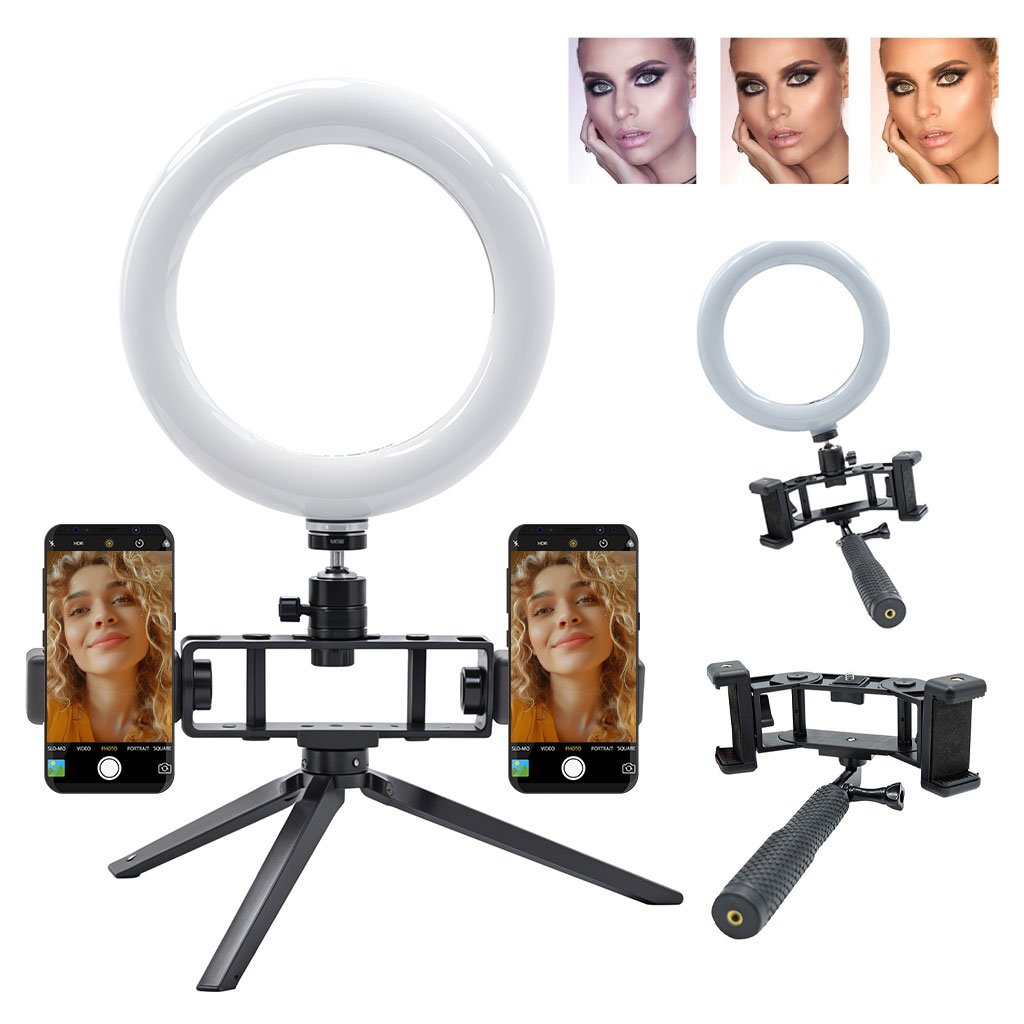 Ring-Light-Selfie-cnc-3.jpg Anneau Selfie LED 20 cm avec 2 Supports Smartphone et 3 Modes d’éclairage - الصورة 1