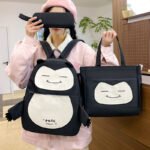 Ensemble de Sacs Snorlax 3Pcs Design Kawaii Noir – حقيبة مدرسية 3 قطع لون أسود