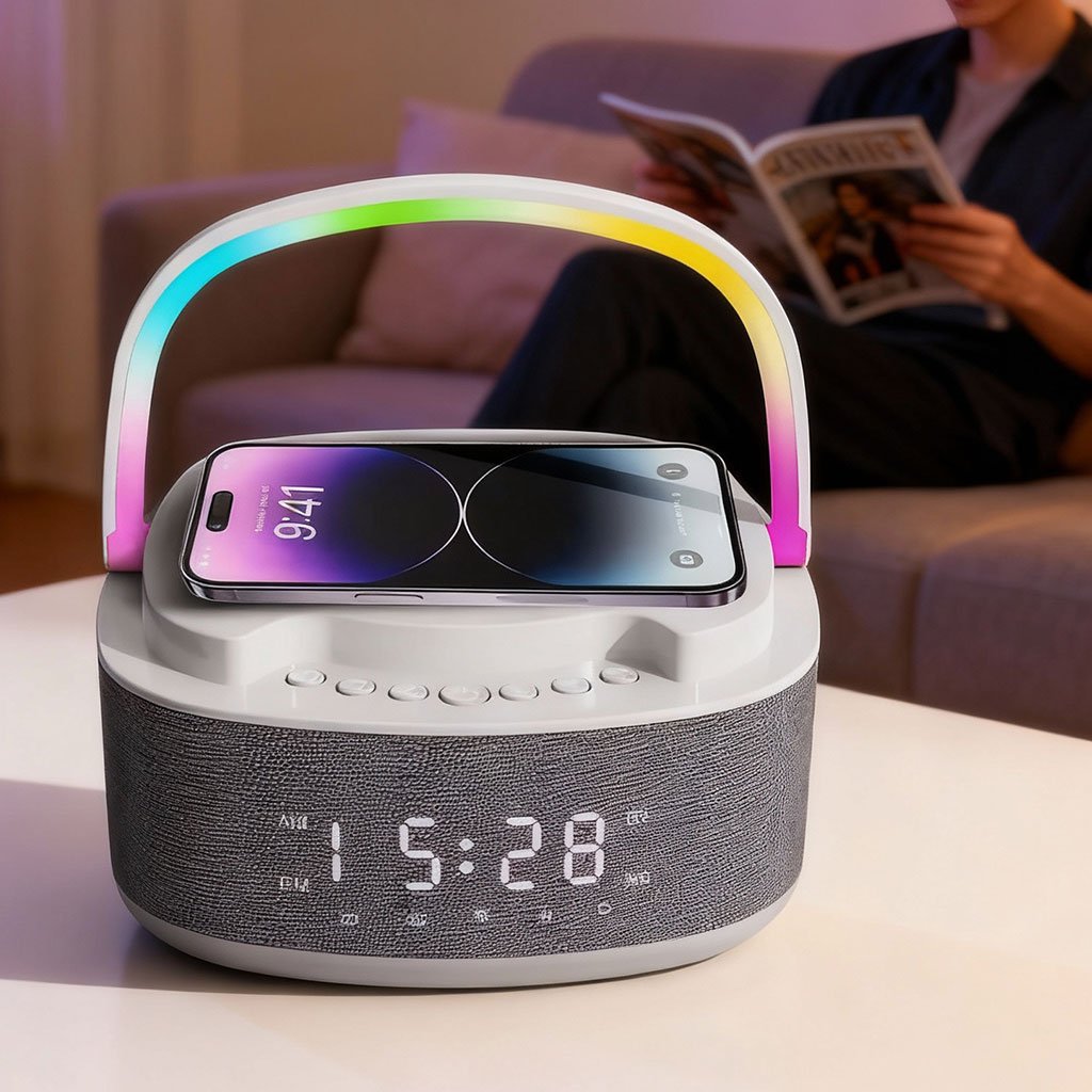 S301-CNC-1-3.jpg Haut Parleur Bluetooth Portable S301 à LED RGB chargement sans fil 15W – مكبر صوت بلوتوث وشاحن لاسلكي 2في1 - الصورة 1