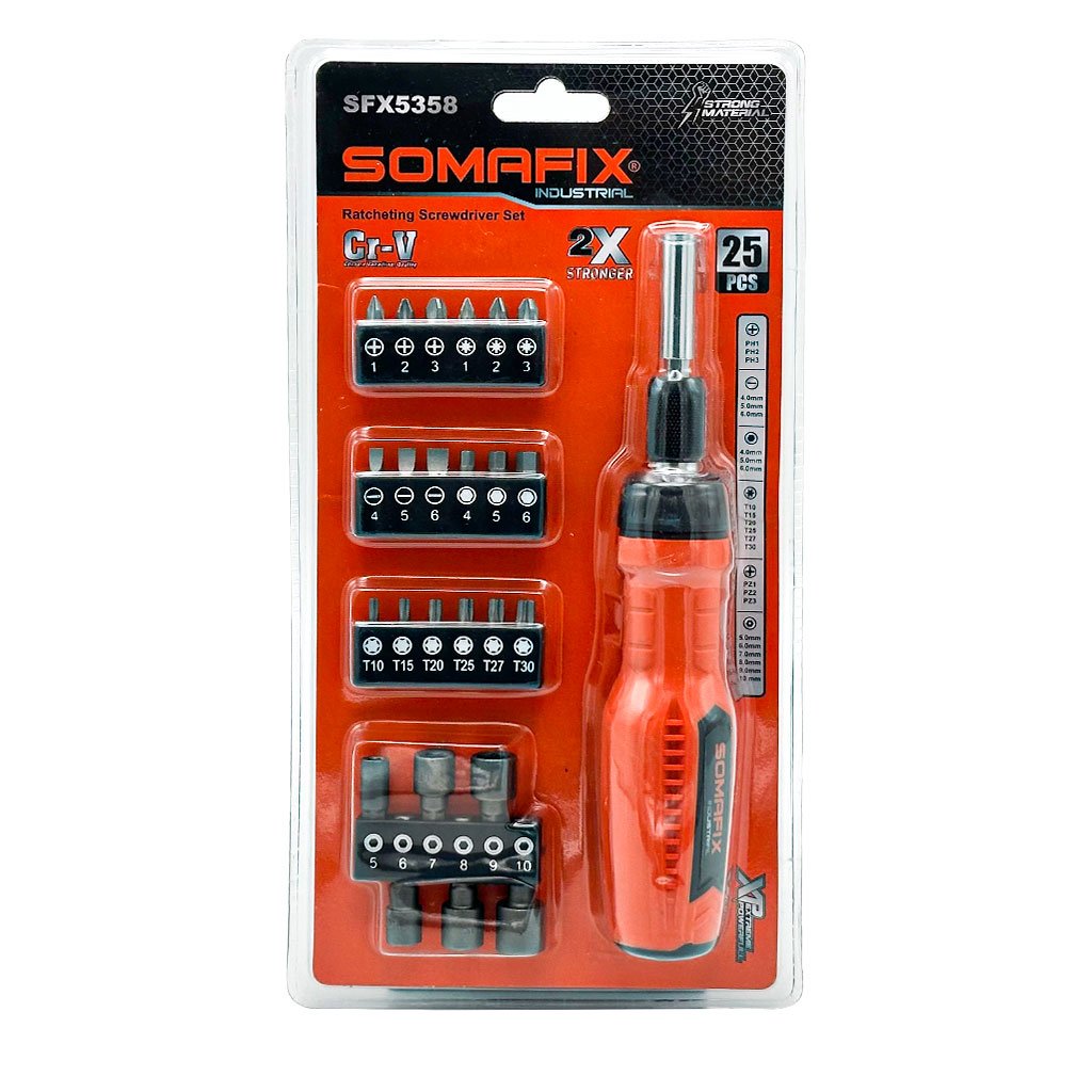 SOMAFIX-cnc-1.jpg مطقم مفك براغي من 25 قطعة – Tournevis Cliquet SOMAFIX SFX5358 Coffret 25 Pièces en Acier Cr-V - الصورة 1