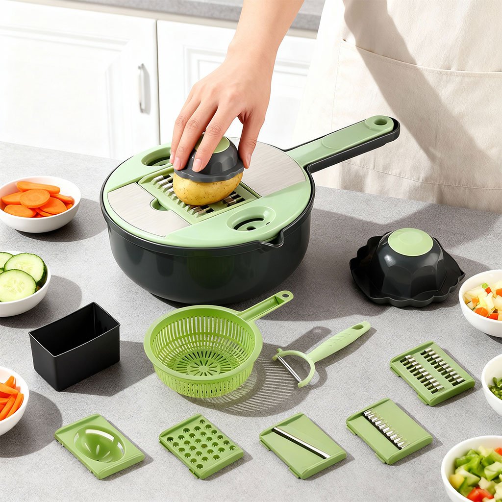 Vegetable-Grater-Y141-cnc-6.jpg Râpe Multifonction 9en1 pour trancher les légumes – قطاعة خضر متعددة الإستعمالات - الصورة 1