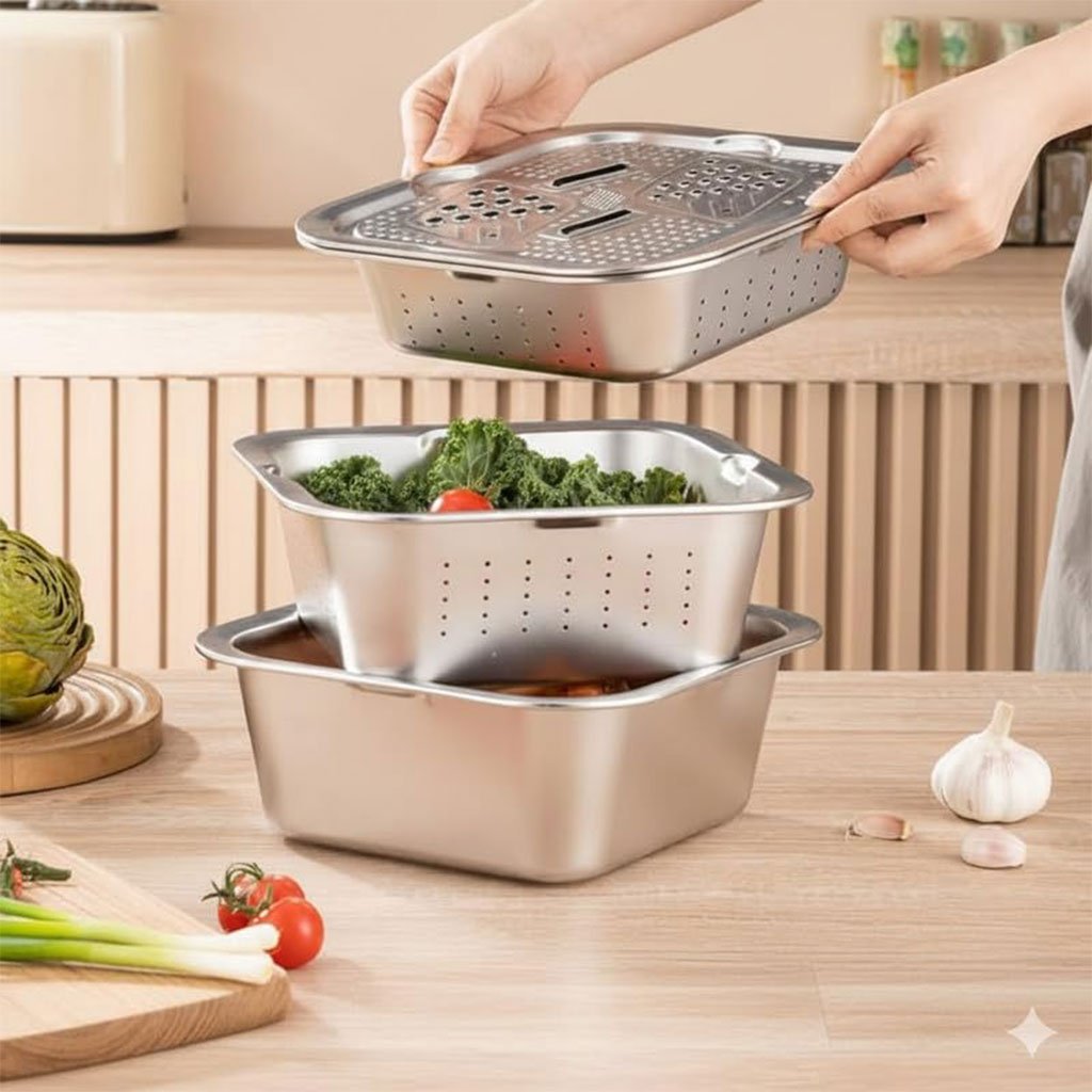 BASIN-4PCS-CNC.jpg Râpe multifonctionnelle Delaval en acier inoxydable avec panier d’égouttage 3EN1 – مفرمة وقطاعة خضر متعددة الإستعمالات - الصورة 1